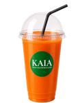Carrot& Orange juice in a clear plastic cup with a black straw, featuring the KAIA logo.