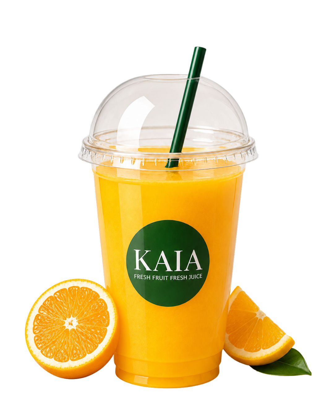 Orange juice in a KAIA cup with a straw, surrounded by orange slices.