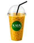 Passion fruit, orange, mango, pineapple smoothie in a clear cup with a black straw, featuring the KAIA logo.